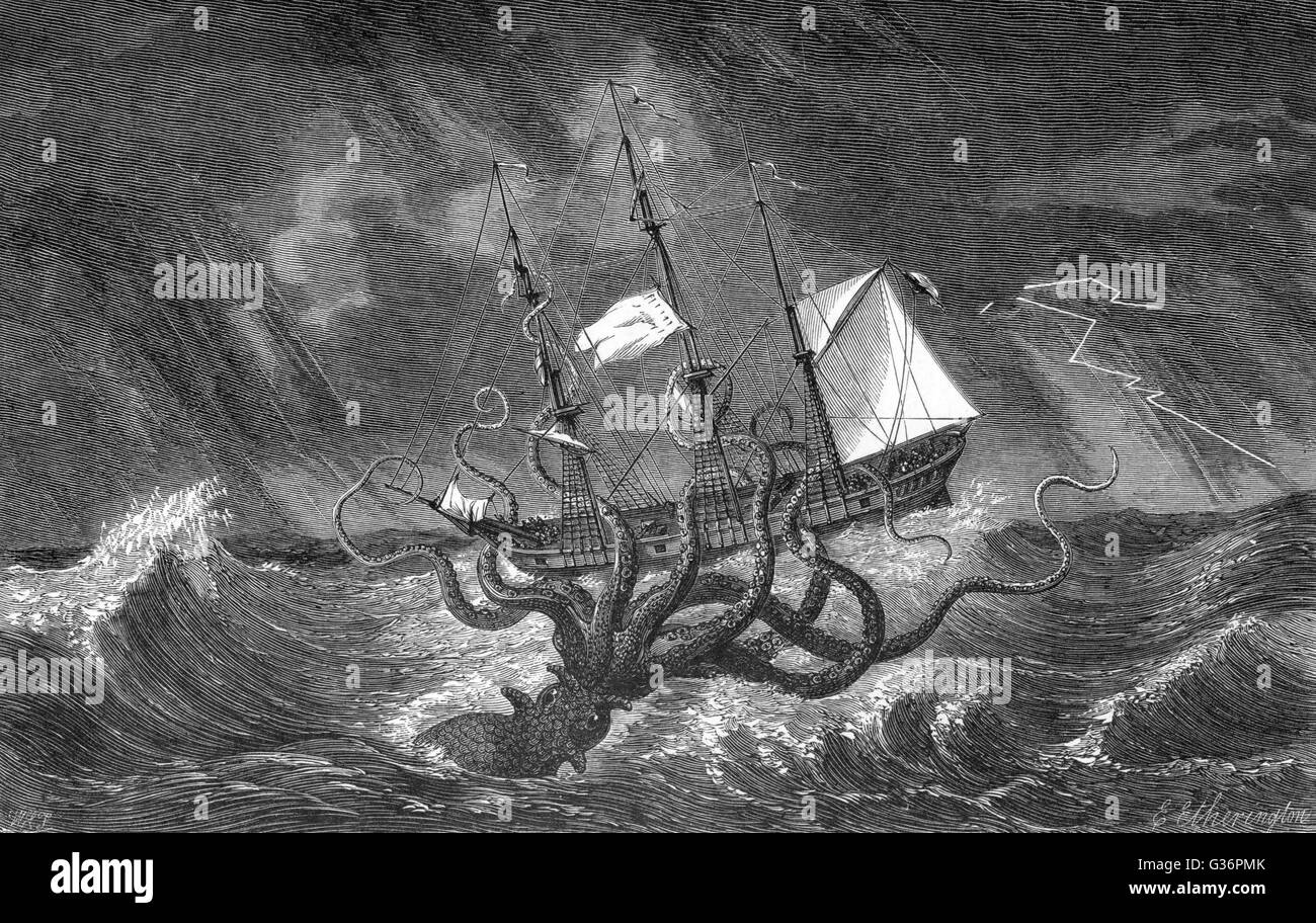 A mythical Kraken attacking a sailing vessel during a storm.       Date: circa 1700 Stock Photo