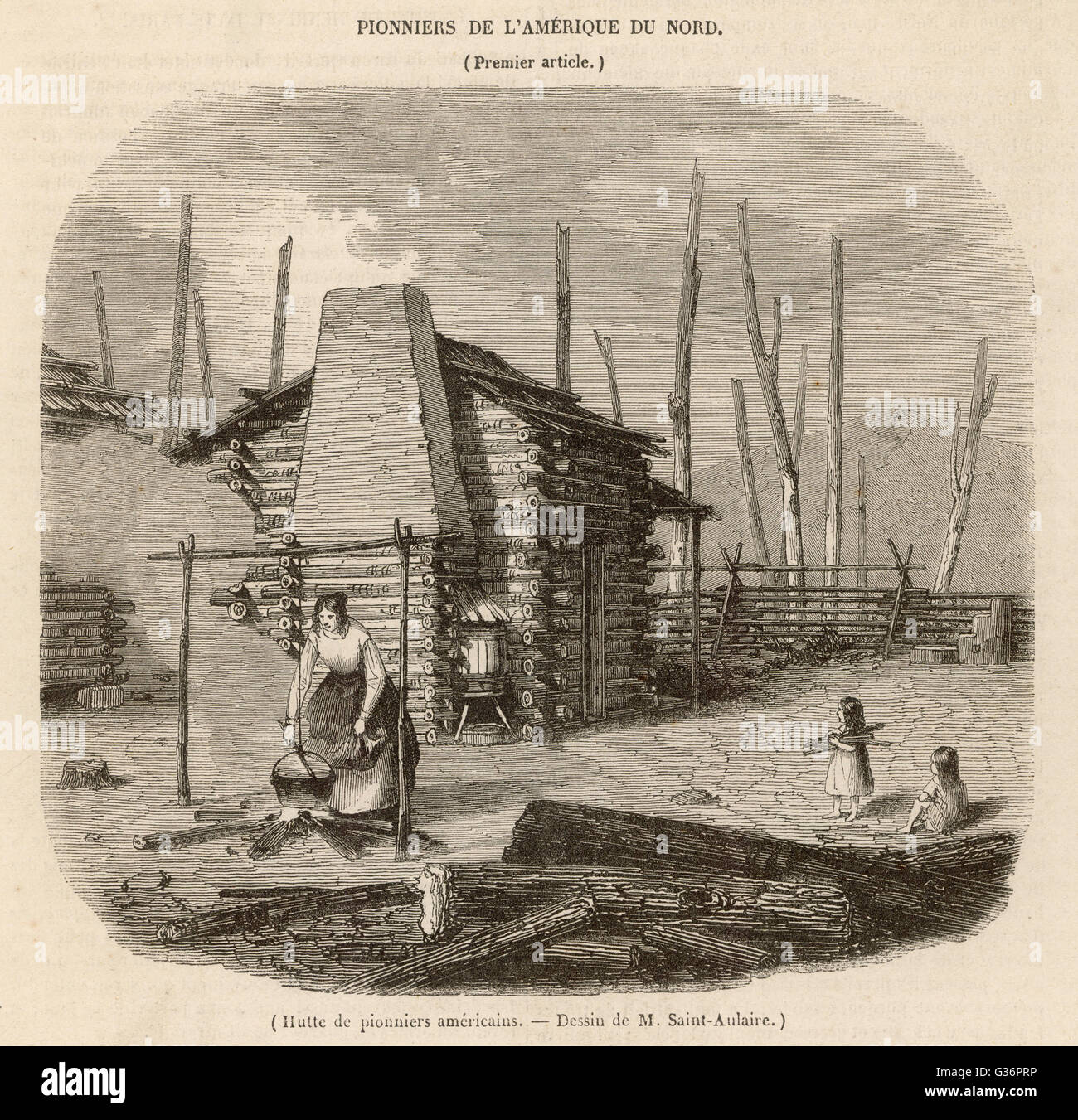 Pioneer Settlers Outside Their Log Cabin A Woman Cooks Over A
