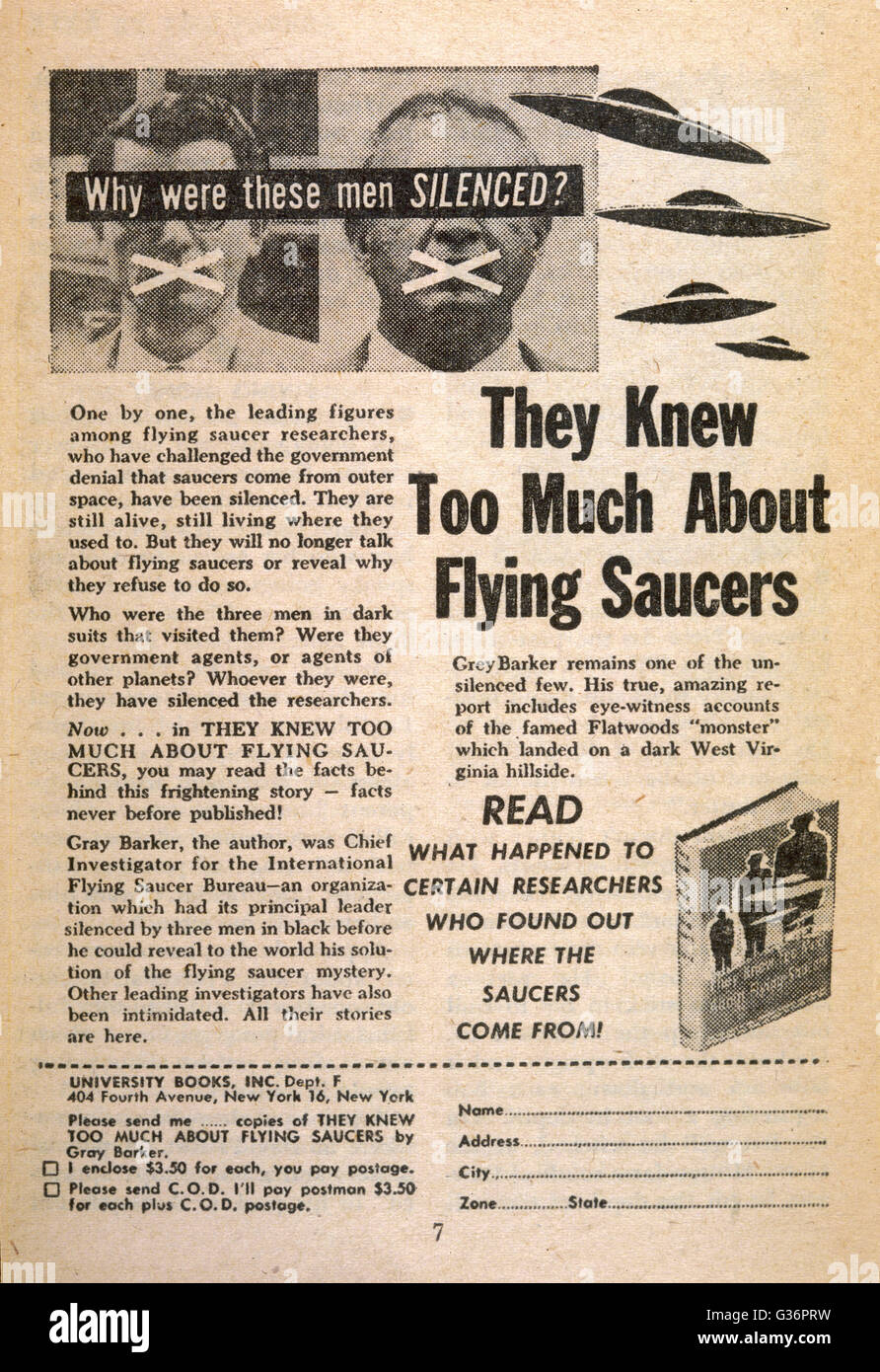 An advertisement for a book by Gray Barker, They Knew Too Much About Flying Saucers, suggesting cover-ups, conspiracy and paranoia surrounding UFO sightings.      Date: 1956 Stock Photo