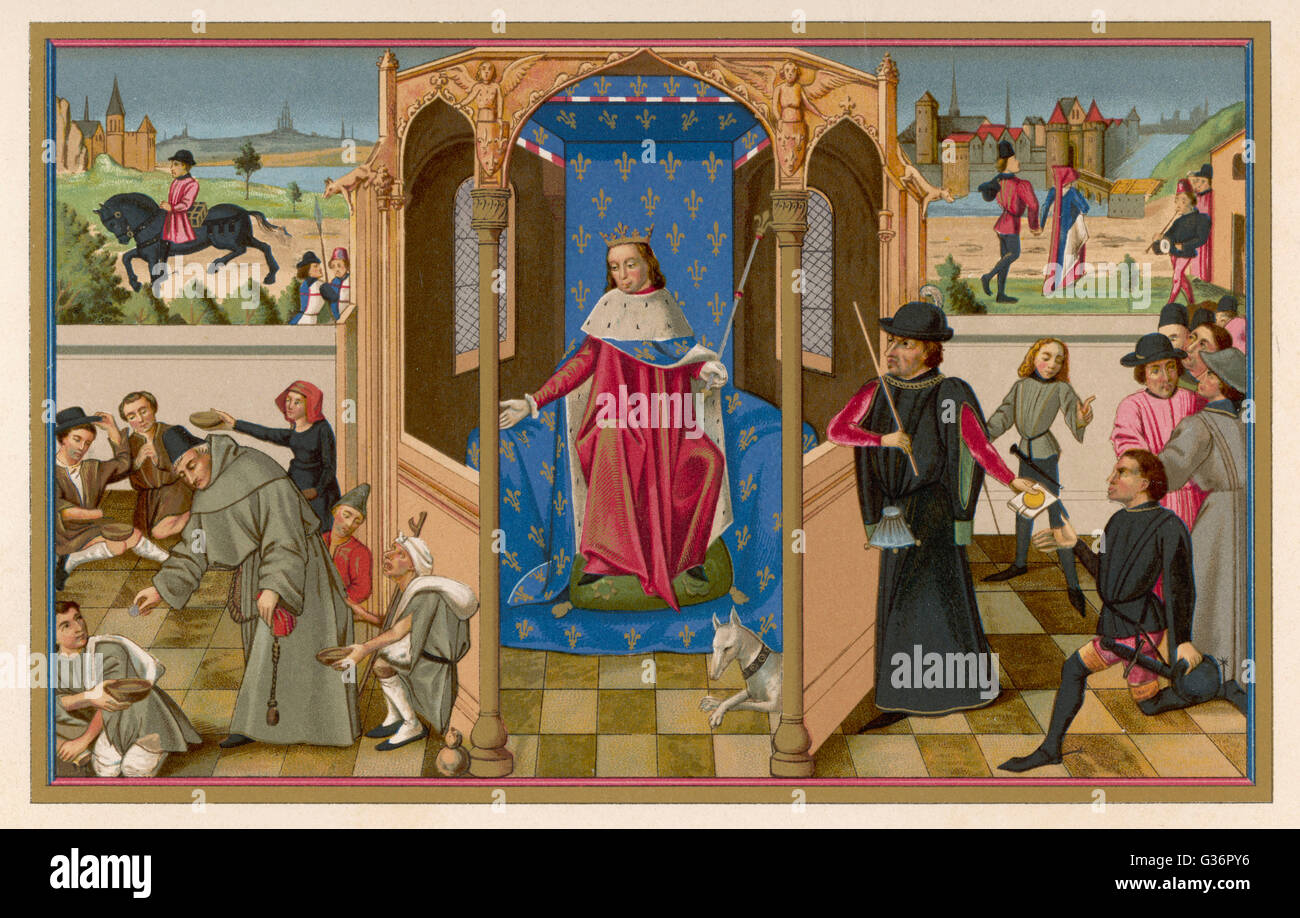 Louis IX, King of France (reigned 1226-1270), also known as Saint Louis, crusader in the Holy Land.  Depicted here dispensing charity and justice.      Date: 1215-1270 Stock Photo