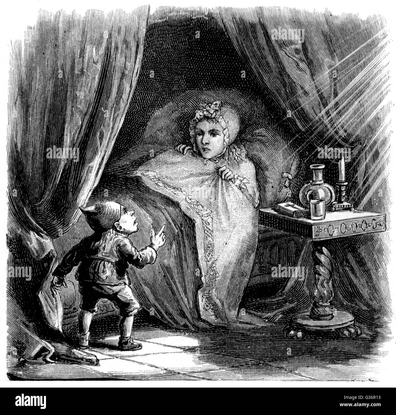 A Swedish Nisse surprises a girl in her bedroom.      Date: 1882 Stock Photo