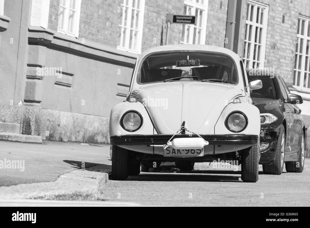 Helsinki, Finland - May 7, 2016: Old  Volkswagen beetle, front view, black and white Stock Photo