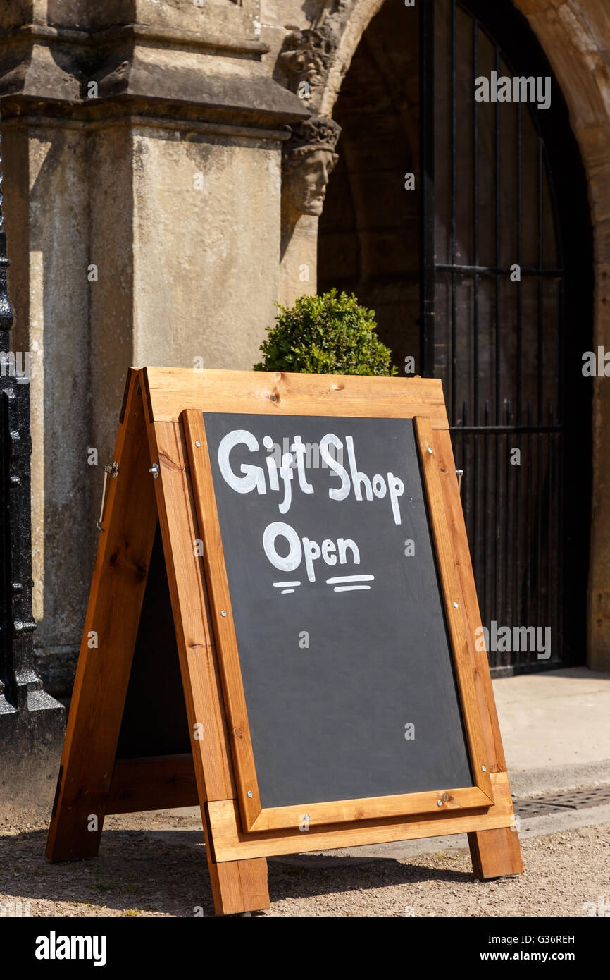 A chalk board Asign stating 'Gift Shop Open' at Newstead Abbey