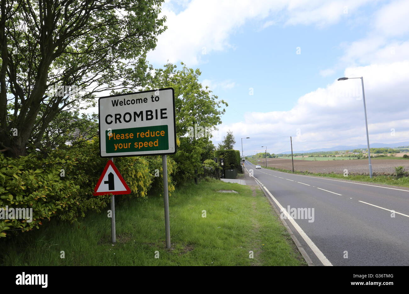 Welcome to Crombie sign Fife Scotland  May 2016 Stock Photo