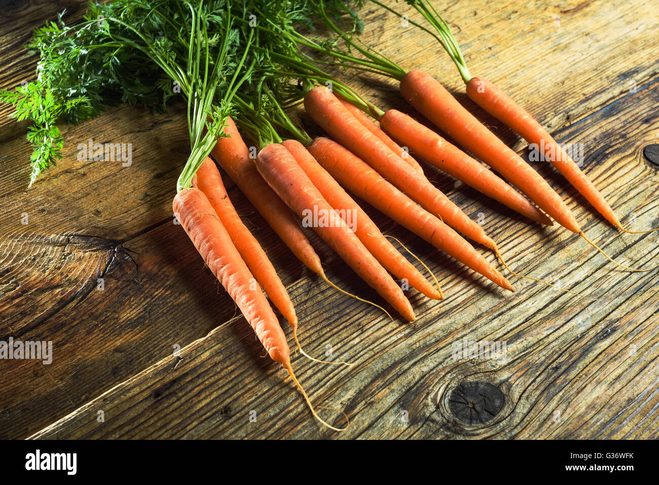Juicy bunch of carrots on a rustic wooden table. Stock Photo