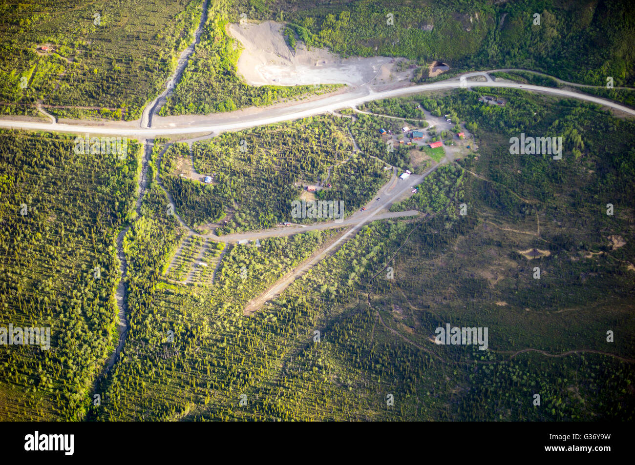 An aerial photo of the Meekin’s Airport in at the Sheep Mountain Alaska USA Stock Photo