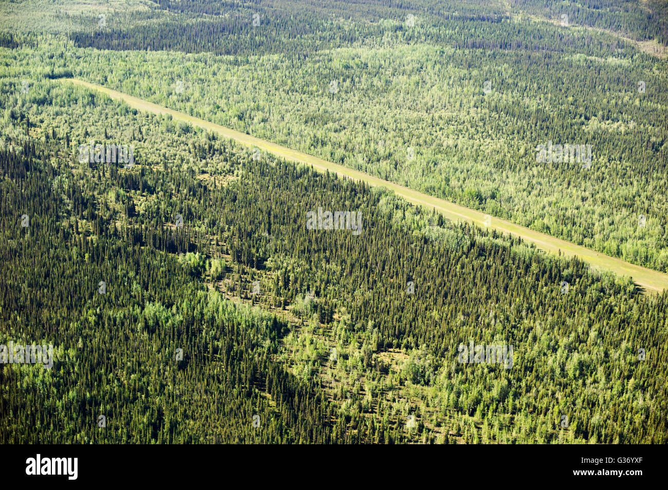 An aerial view of the May Creek Landing Strip located in the Wrangell Saint Elias National Park in Alaska USA. This remote landi Stock Photo