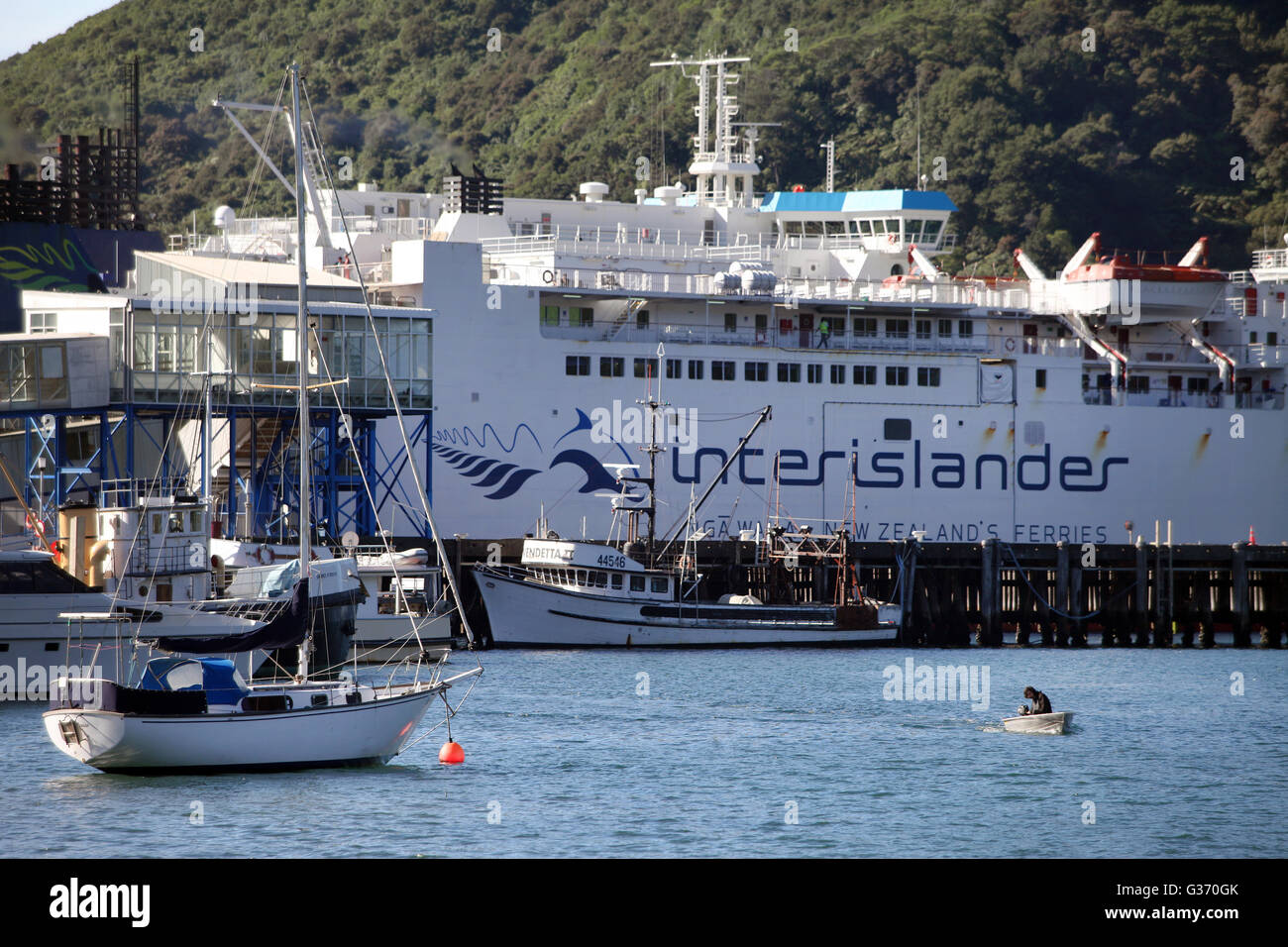 The Interislander ferry docked in Picton, Marlborough Sounds, New Zealand Stock Photo