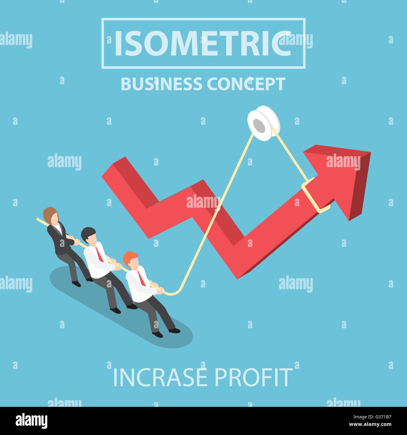 Business people pulling up arrow graph by using rope, Flat 3d web ...