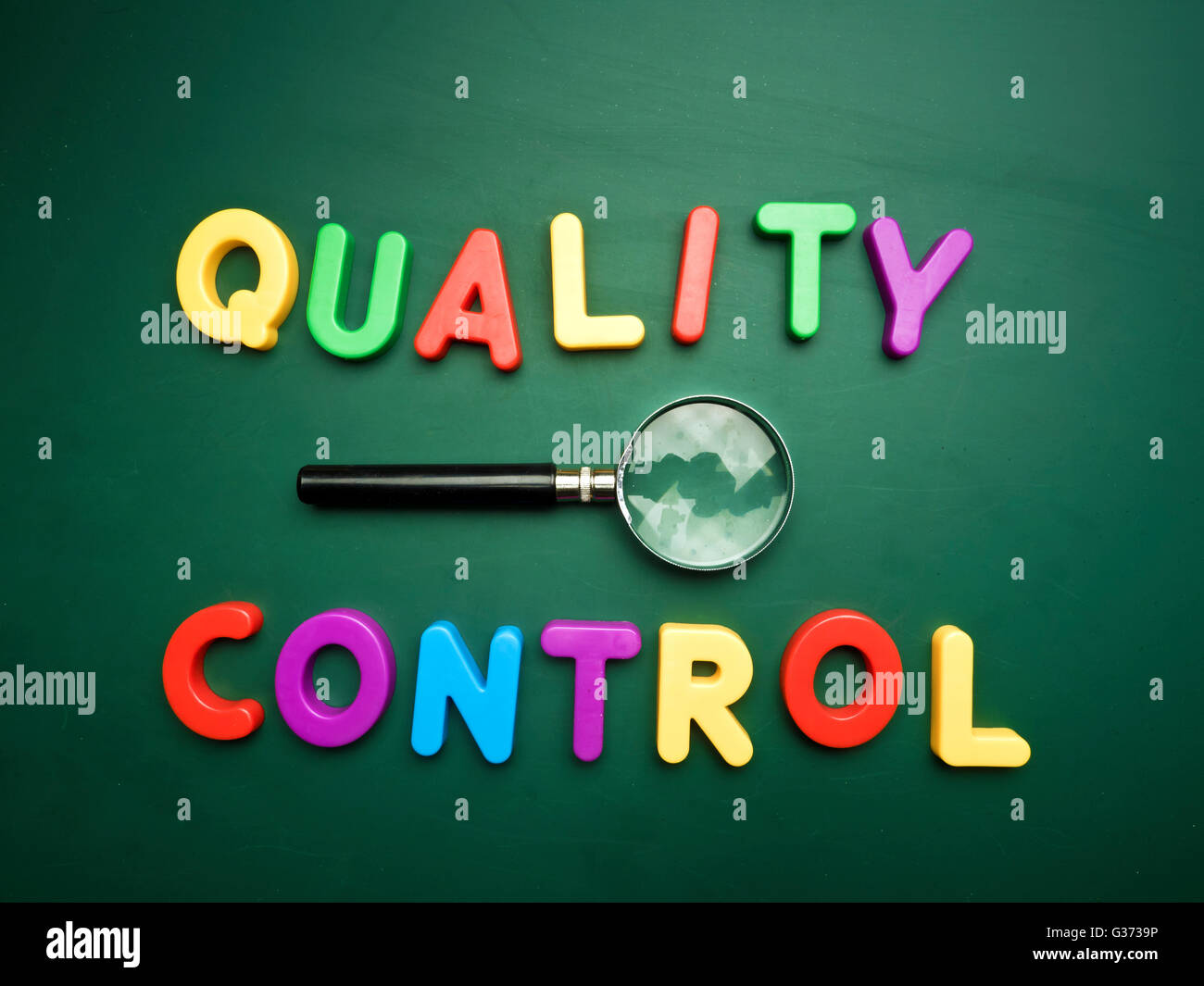 Quality Control text concept on green blackboard background Stock Photo