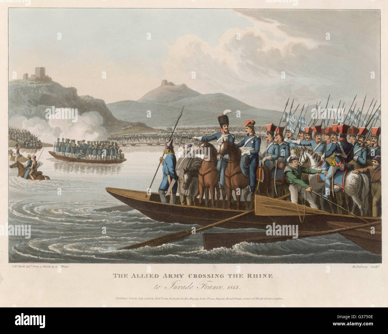 After a series of victories,  the Allies drive Napoleon from  Germany and in their turn  cross the Rhine to invade  France in a flotilla of  barges.     Date: December 1813 Stock Photo