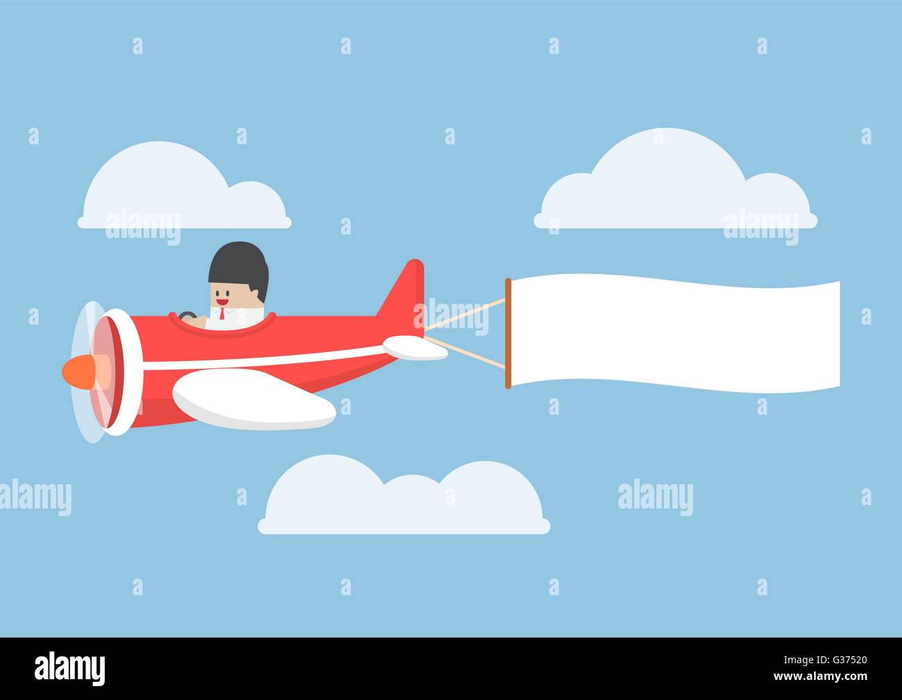 Businessman flying by the airplane pulling a blank advertising banner Stock Vector
