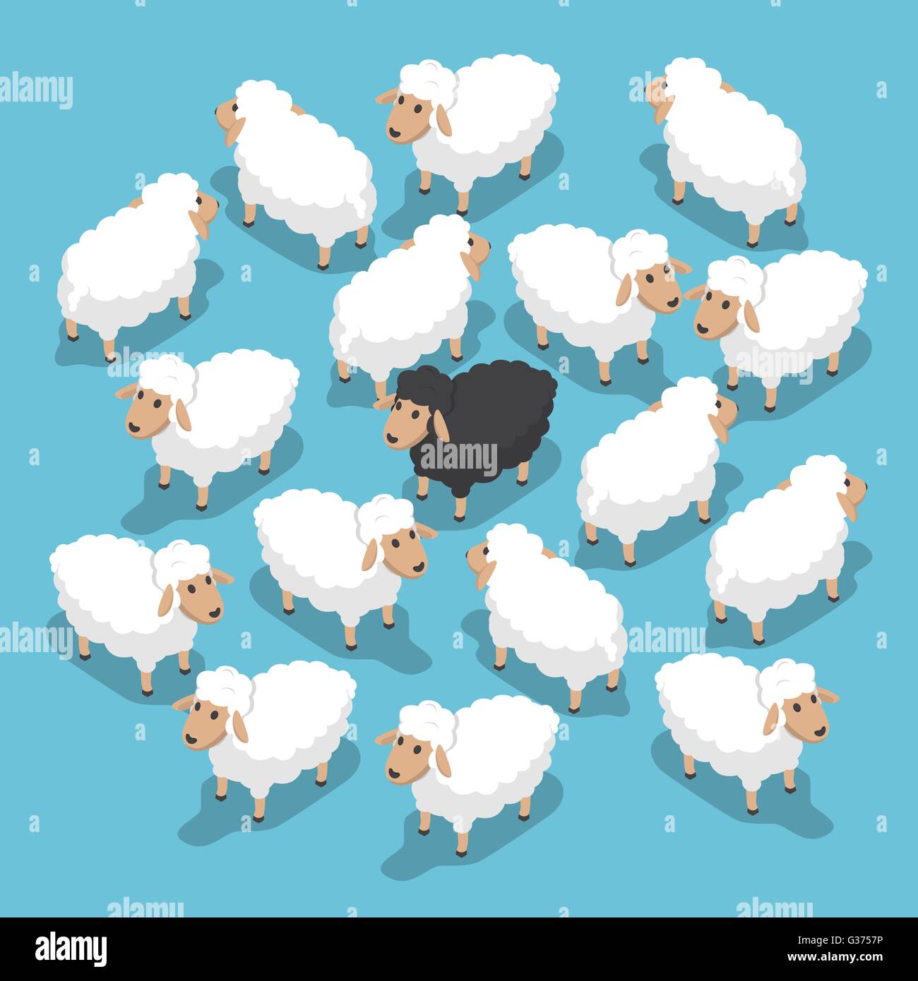 Isometric black sheep in the flock, outstanding, different, competitive advantage concept, VECTOR, EPS10 Stock Vector