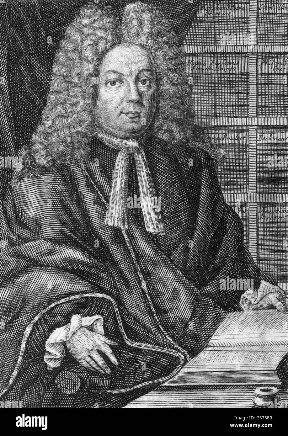 GOTTFRIED ZIMMERMANN German bookseller of  Wittenberg, depicted in his  shop surrounded by books.       Date: 1670 - 1723 Stock Photo