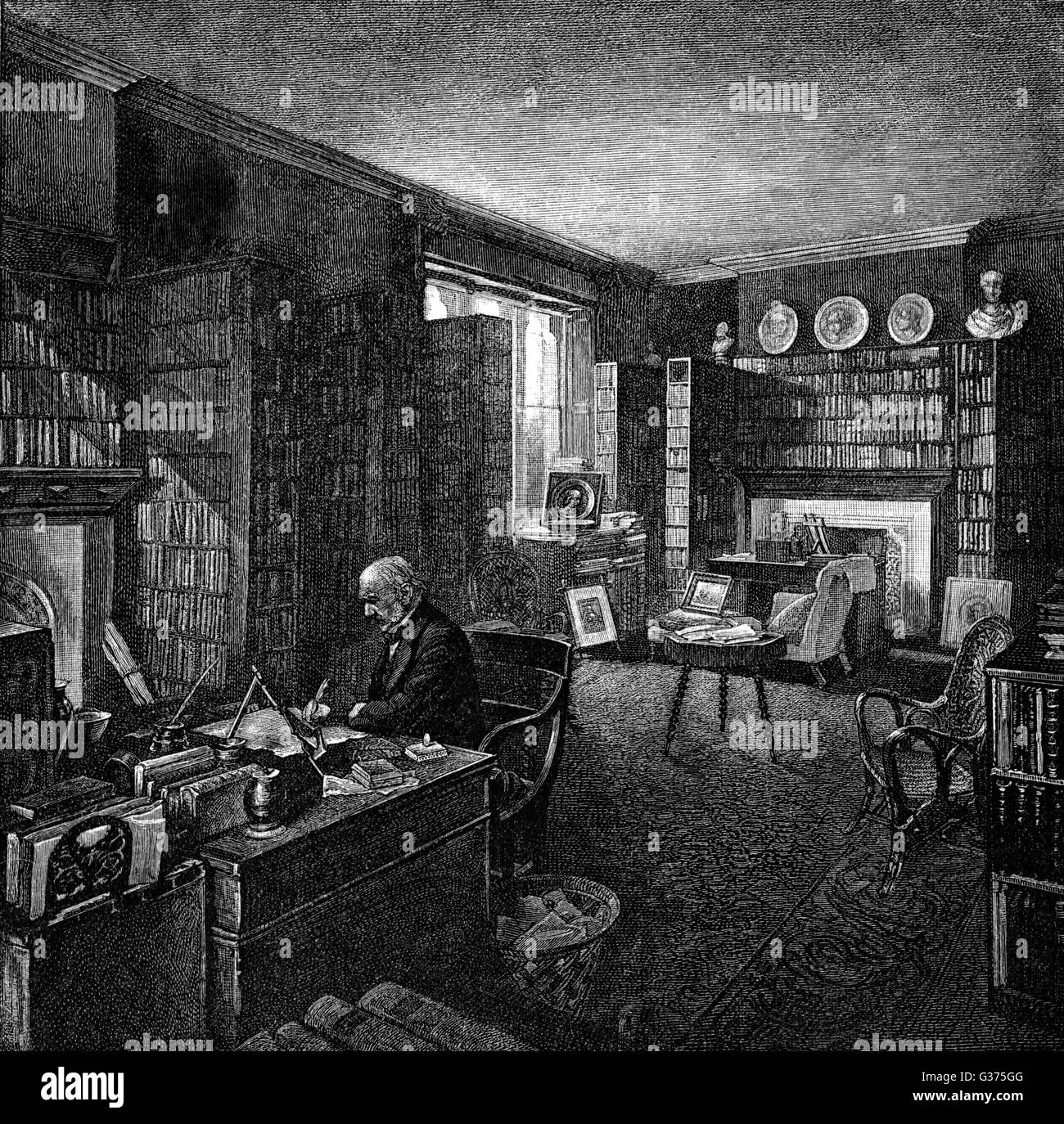 WILLIAM EWART GLADSTONE in his library : he was a  classical scholar of  considerable ability.       Date: 1809 - 1898 Stock Photo