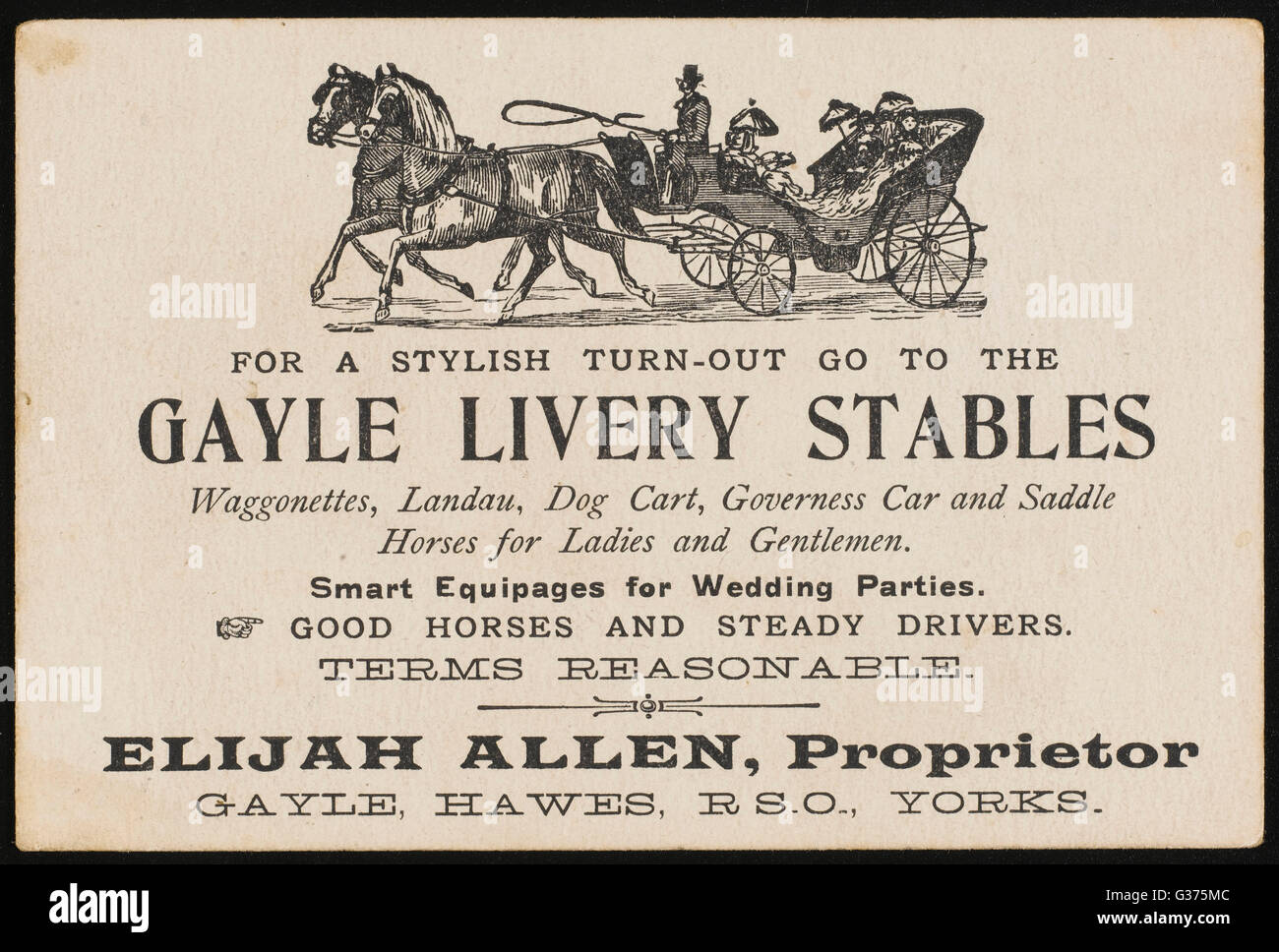 At a livery stable you can  hire a waggonette, a landau, a  dog cart, a governess car or a  saddle horse - smart equipages  for wedding parties - good  horses and steady drivers...     Date: late 19th century Stock Photo