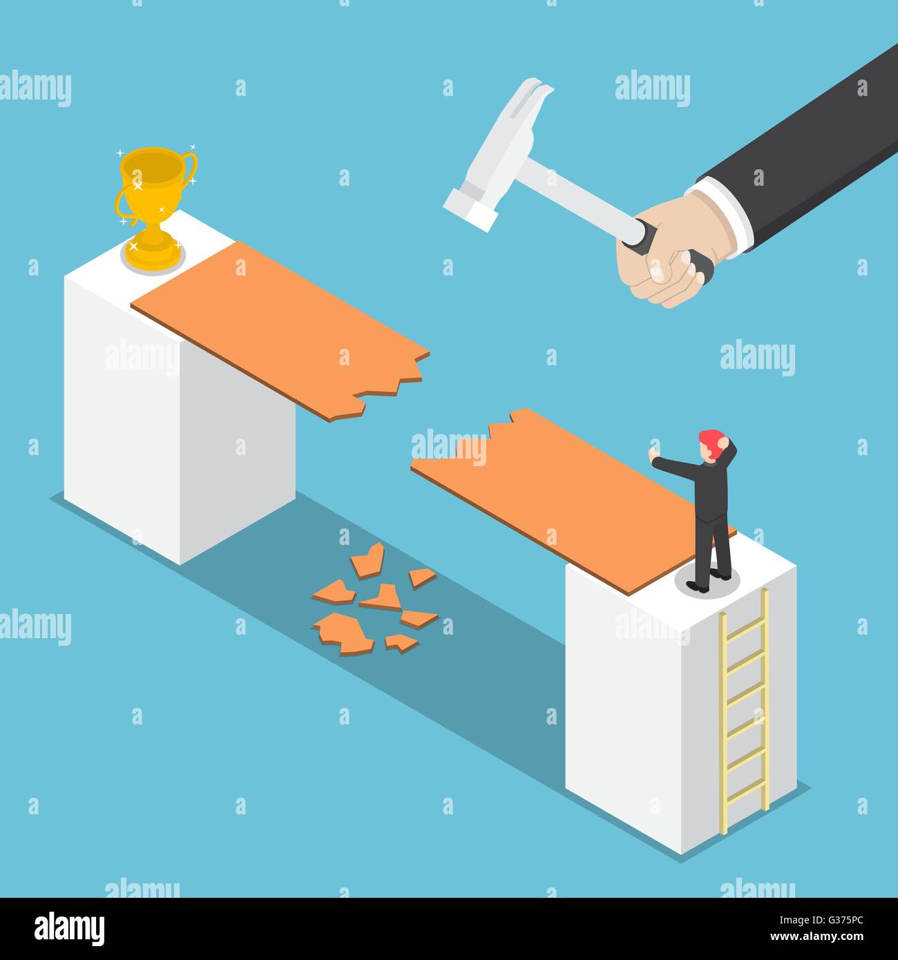 Isometric big hand destroy way to success of businessman, business obstacle, competiton, rival concept, VECTOR, EPS10 Stock Vector