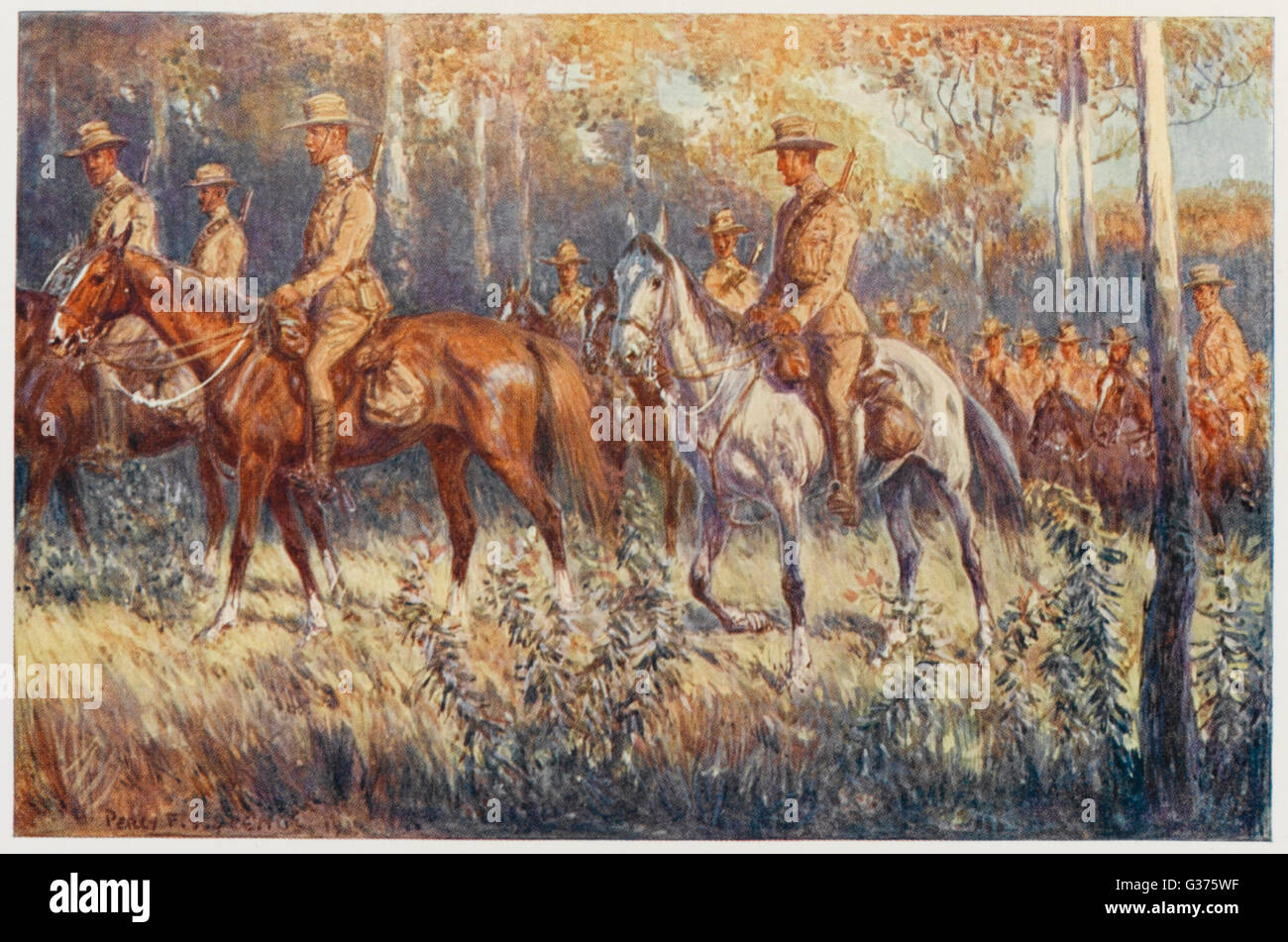 Citizen soldiers, Australia -  a cavalry force in the bush.         Date: 1910 Stock Photo