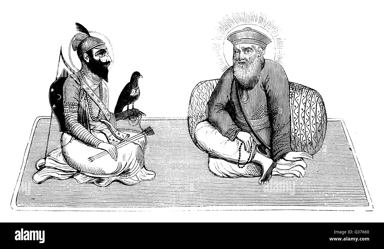 GURU NANEK DEV (right) Founder of the Sikh religion,  pictured here with GOVIND  SINGH (1666 - 1708), the tenth  and last of the Ten Gurus of  Sikhism     Date: 1469 - 1539 Stock Photo