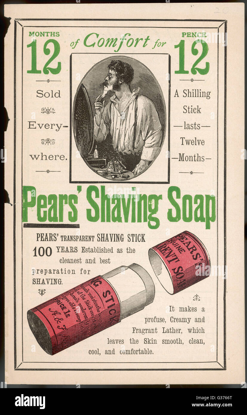 Pears' transparent shaving  stick makes a profuse, creamy  and fragrant lather which  leaves the skin smooth, clean,  cool and comfortable.      Date: c.1880 Stock Photo