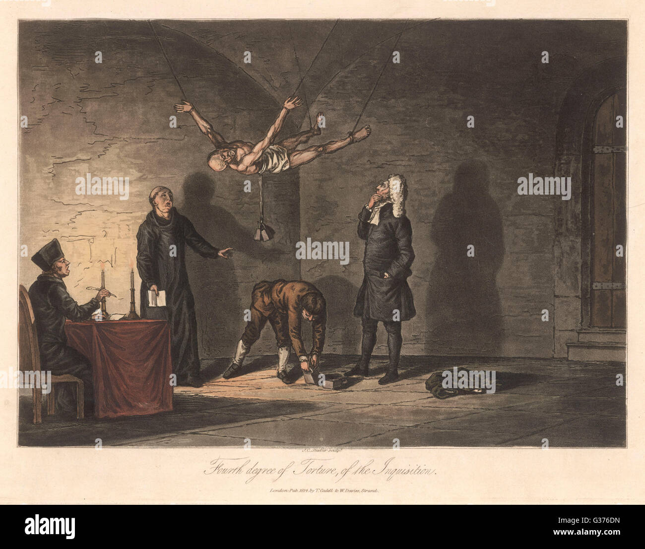'FOURTH DEGREE OF TORTURE OF  THE INQUISITION' - the victim  is suspended in the air, with  weights attached to his body,  dislocating his spine and  eventually breaking it.     Date: 1813 Stock Photo