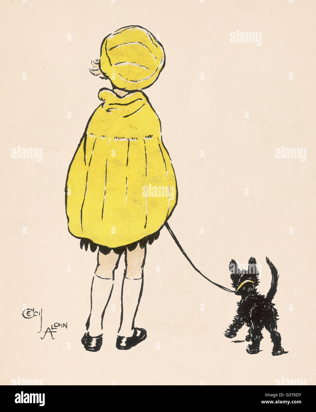 Cover design by Cecil Aldin, Us, showing a little girl (Pat Leslie) in a fashionable yellow cloak and hat taking her little black dog (Smut) for a walk.      Date: 1922 Stock Photo
