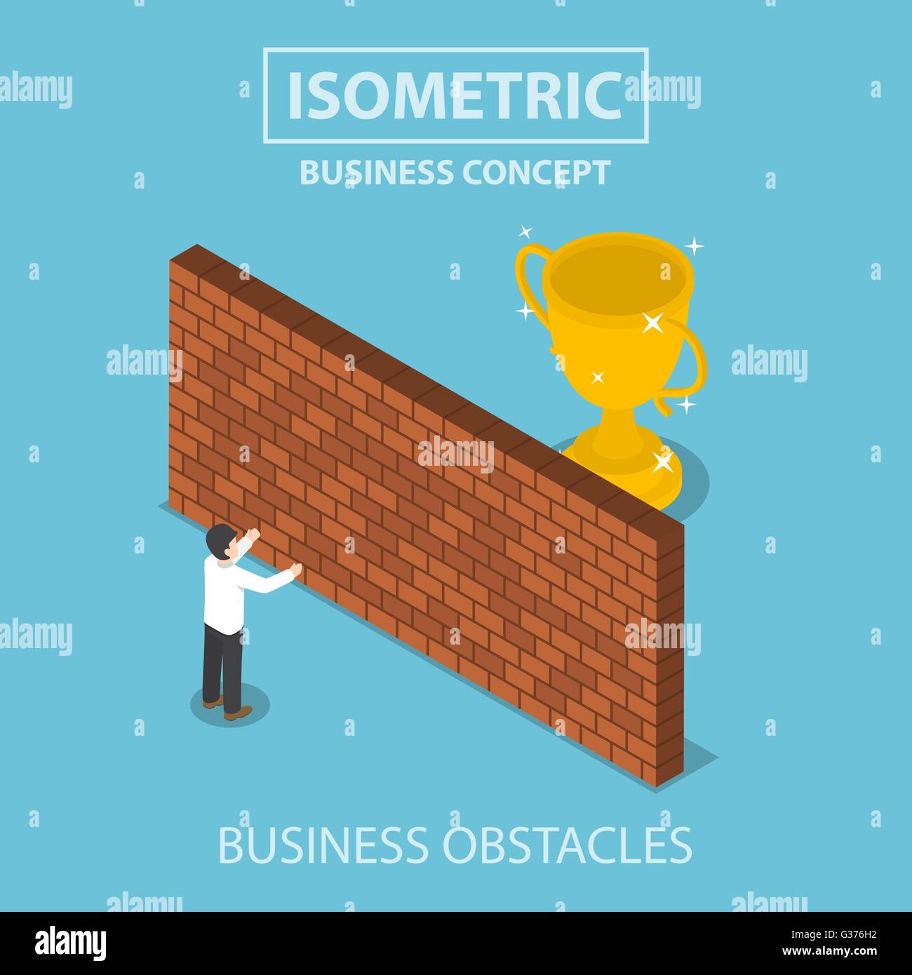 Isometric businessman standing in front of brick wall with trophy behind, business obstacle concept, VECTOR, EPS10 Stock Vector