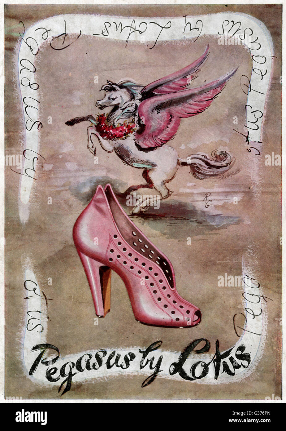Advertisement for the Pegasus shoe by Lotus which is high-heeled, pink and very cute!     Date: 1948 Stock Photo