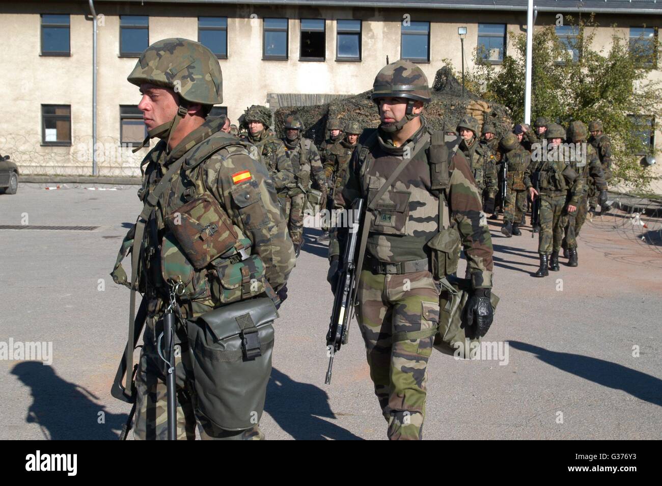 Eurocorps, European multinational army corps, mixed Spanish and French soldiers in a anti-riot exercise Stock Photo