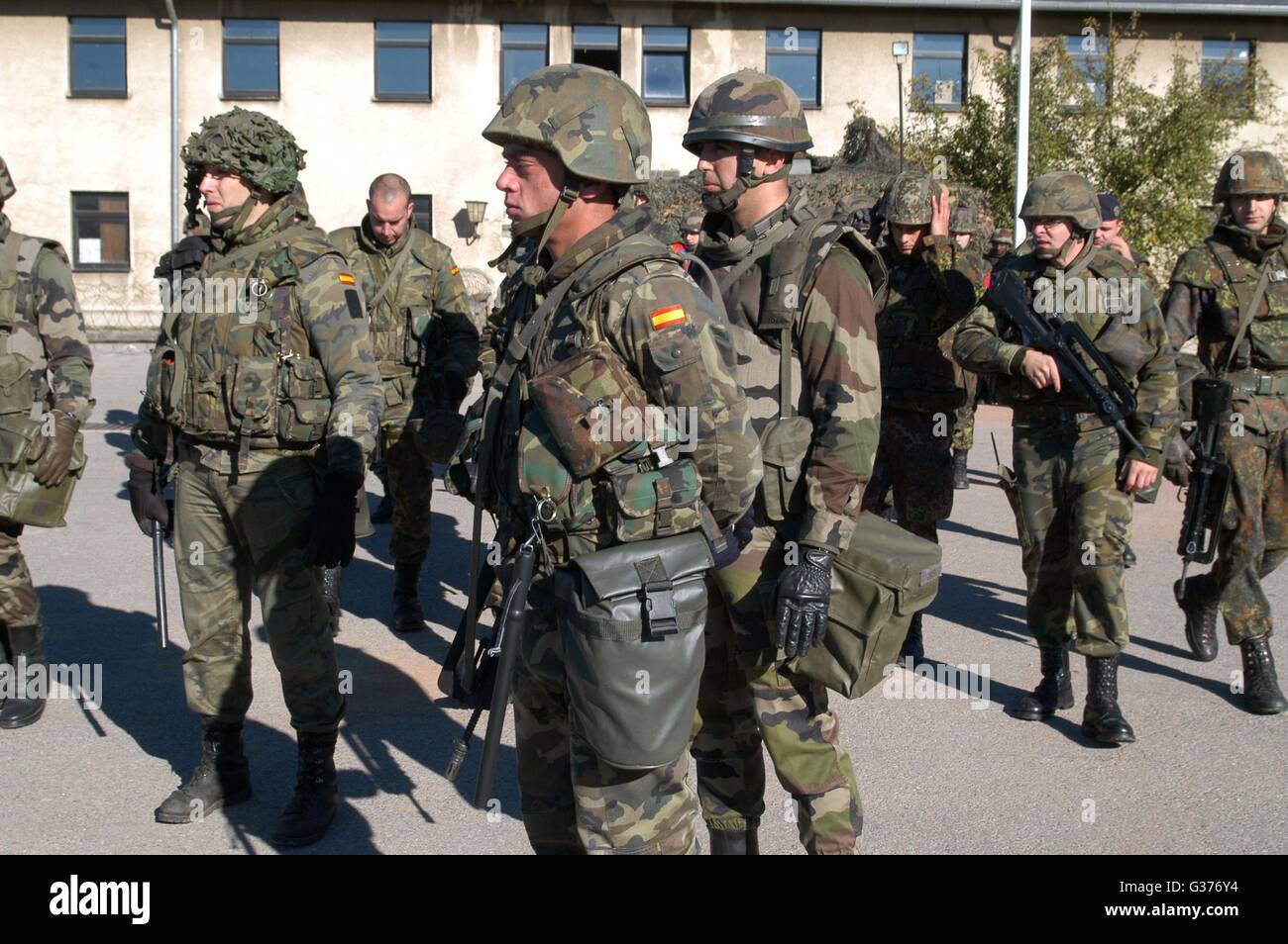 Eurocorps, European multinational army corps, mixed Spanish and French soldiers in a anti-riot exercise Stock Photo