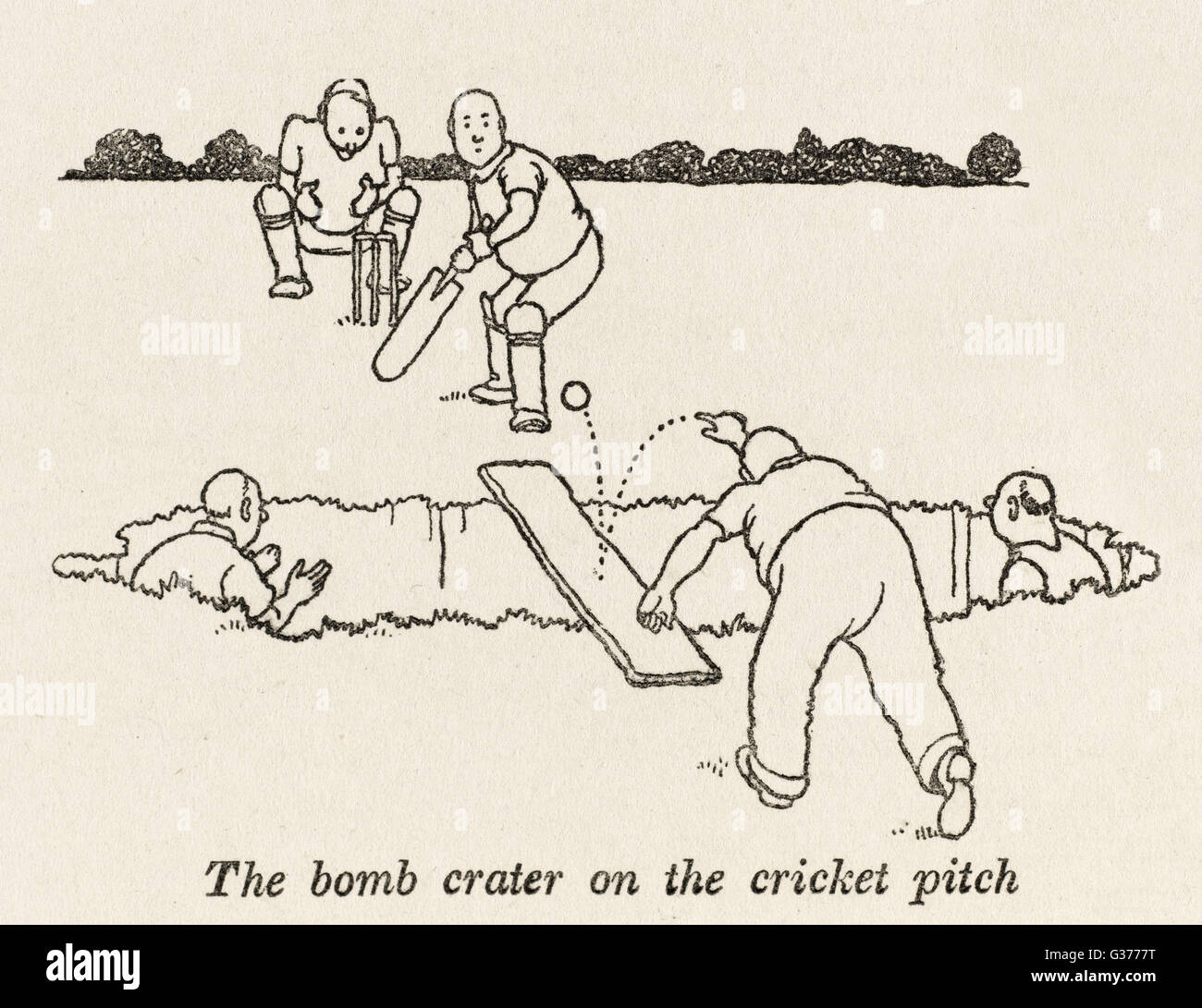 bomb crater, cricket pitch / W H Robinson Stock Photo