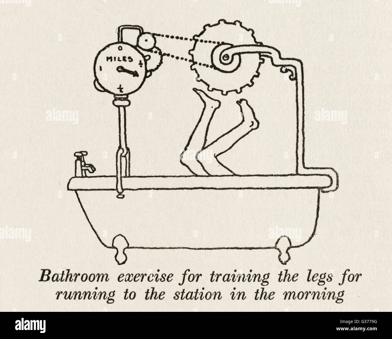 Post War Britain: Health and happiness at home.  Bathroom exercise for training the legs for running to the station in the morning.  Please note: Credit must appear as (c) Courtesy of the estate of Mrs J.C.Robinson/Pollinger Ltd/Mary Evans Picture Library Stock Photo