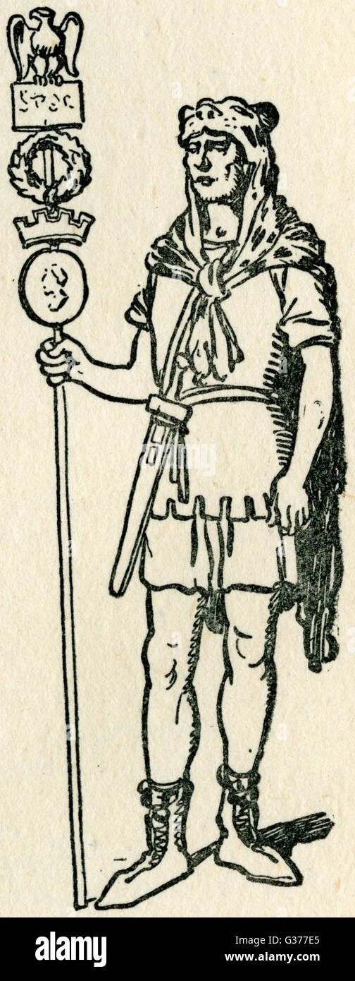 A Roman Soldier carrying a standard, the Roman equivilent of a flag, bearing the Roman symbol of the eagle. The symbols beneath show the regiment fighting in the battle.     Date: Circa 55BC Stock Photo