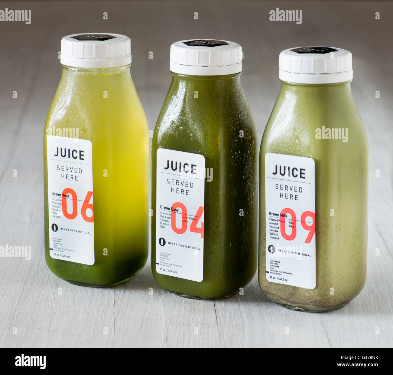 3 flavors of cold press juice from Los Angeles, California Stock Photo