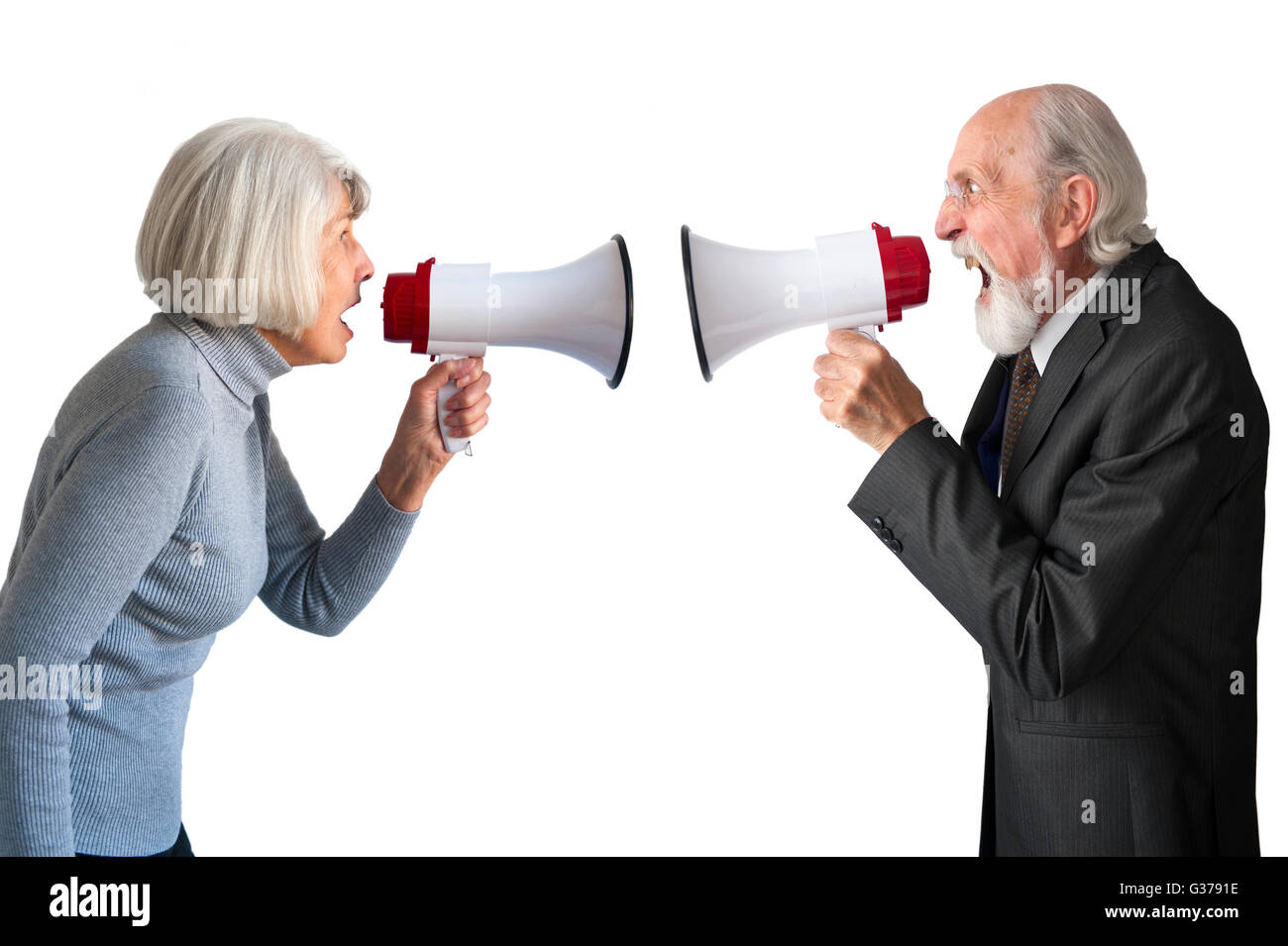 senior man and woman arguing isolated on white Stock Photo