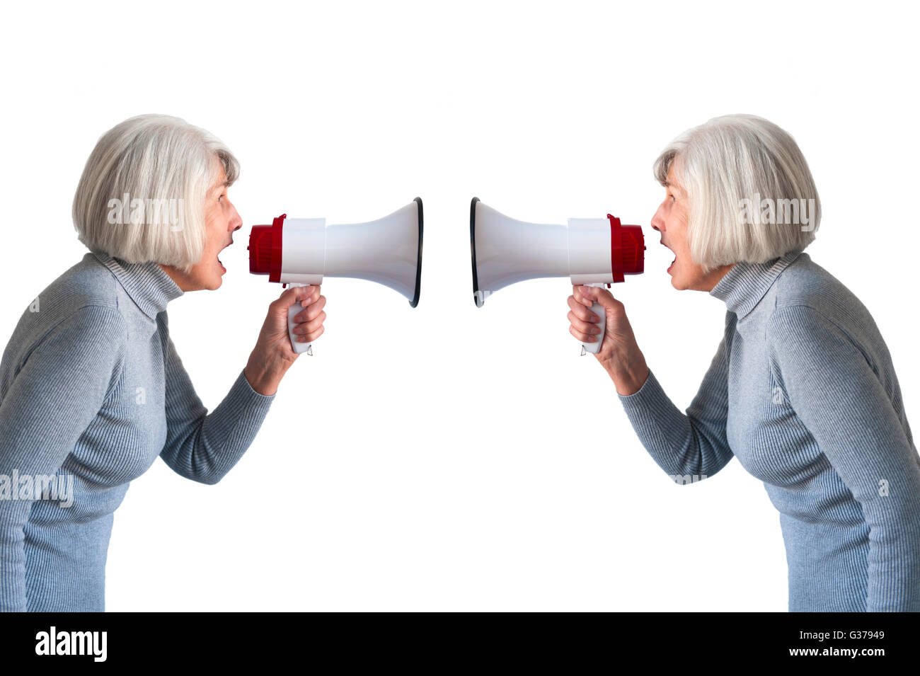 senior woman shouting at herself Stock Photo