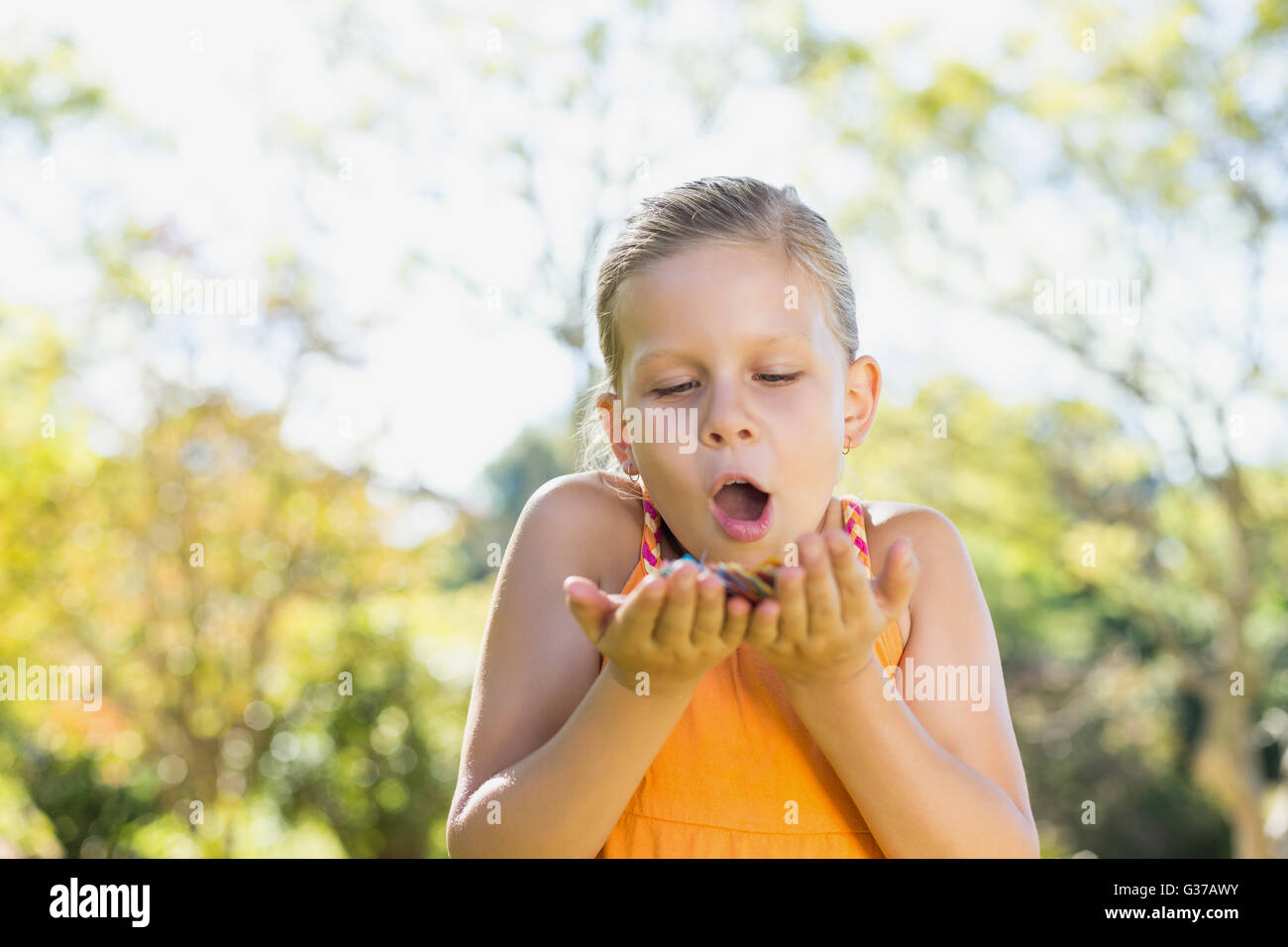 Girl holding petals in park Stock Photo Alamy