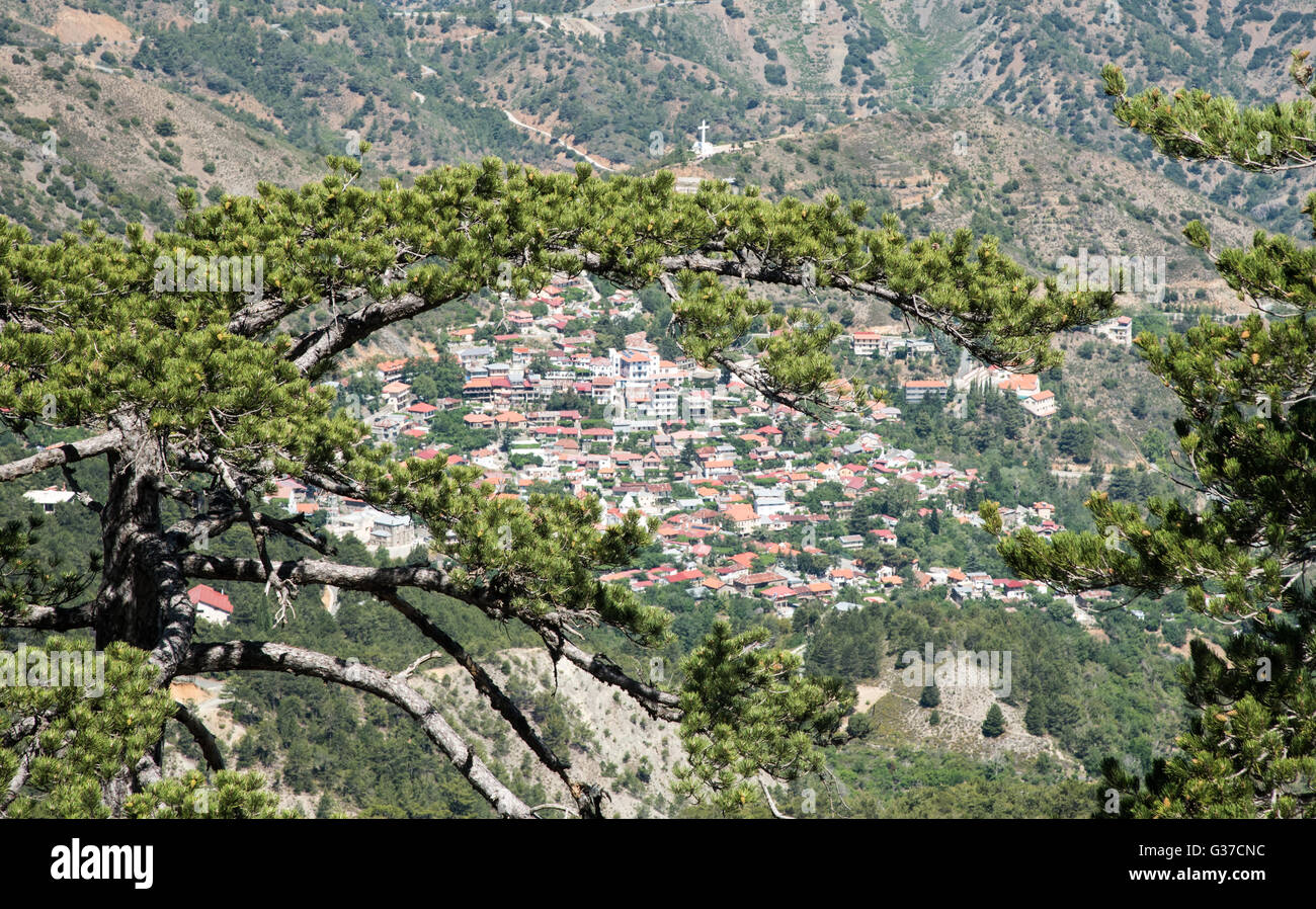 Famous picturesque Mountain Village resort of Pedoulas in Nicosia district  at Troodos mountains in  Cyprus. Stock Photo
