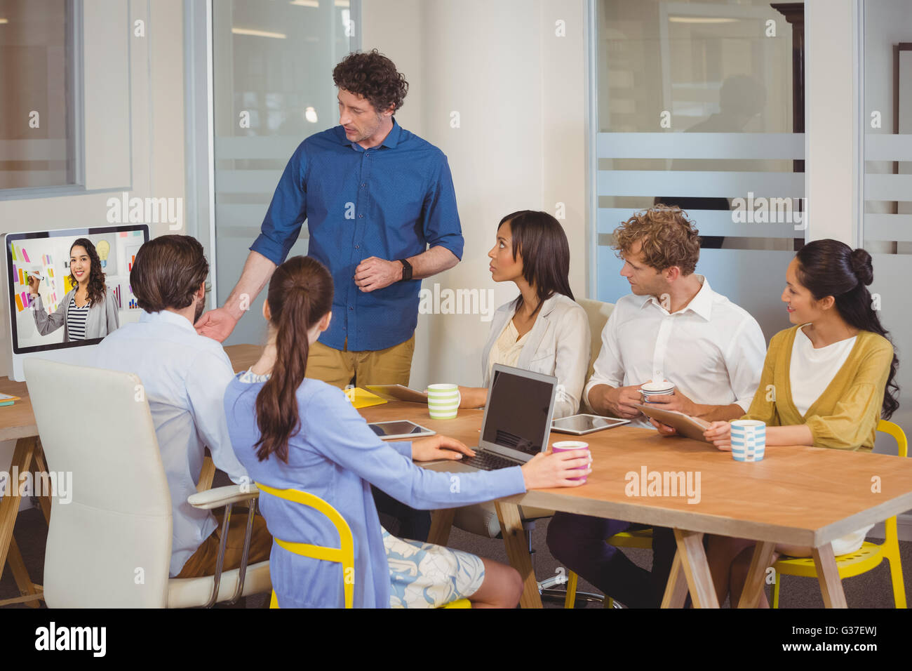 A worker team is doing a video conference Stock Photo