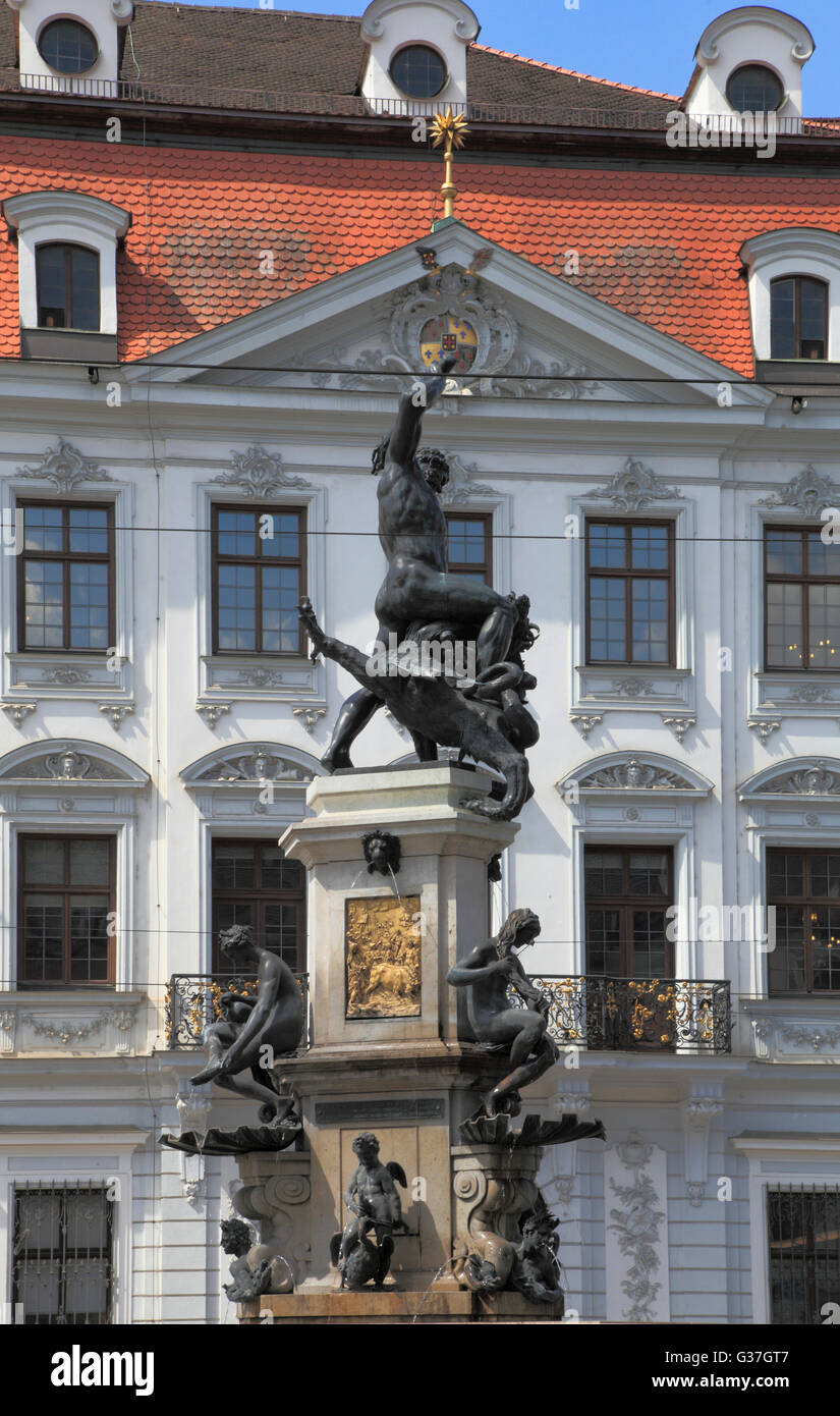 Germany, Bavaria, Augsburg, Maximilianstrasse, fountain, Stock Photo