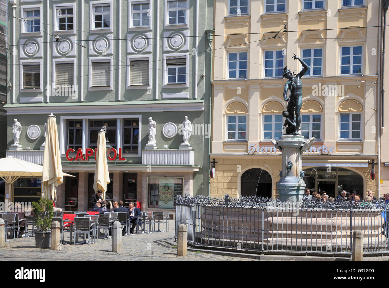 Germany, Bavaria, Augsburg, Maximilianstrasse, fountain, Stock Photo