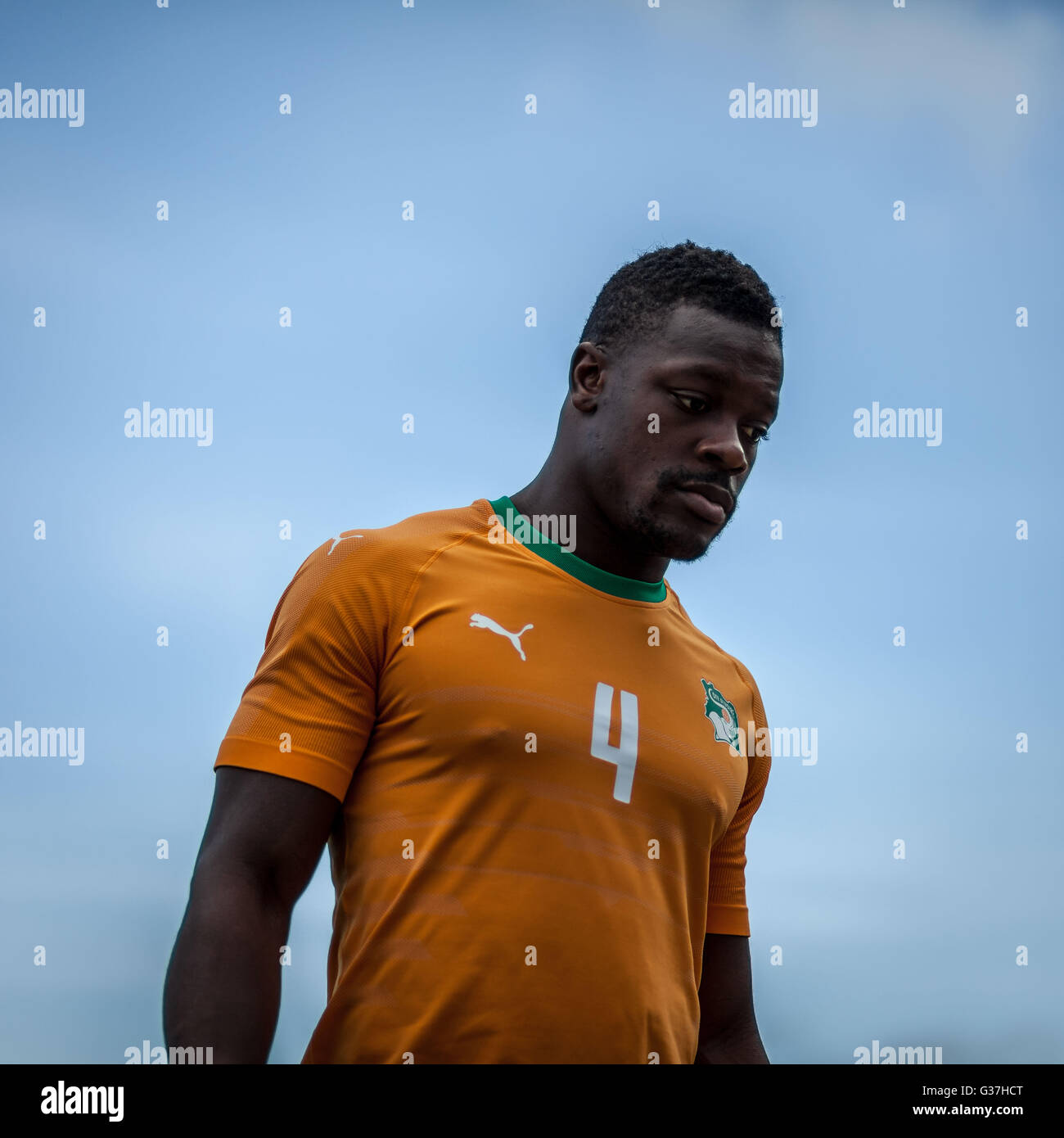 Serge N'Guessan of the Ivory Coast national football team 'The Elephants' during training session in Abidjan, Ivory Coast. Stock Photo