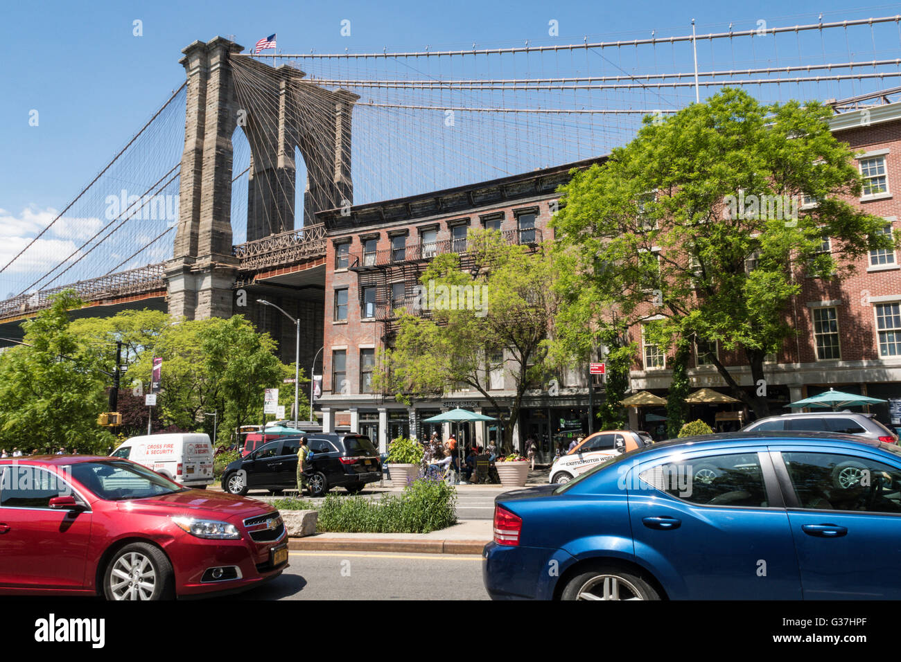 Brooklyn Bridge and Old Fulton Street, Brooklyn, NYC Stock Photo