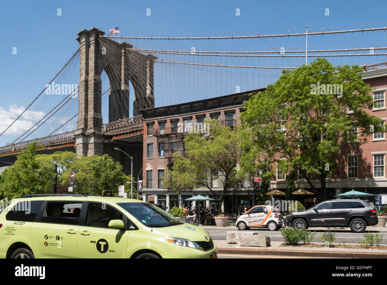 Brooklyn Bridge and Old Fulton Street, Brooklyn, NYC Stock Photo