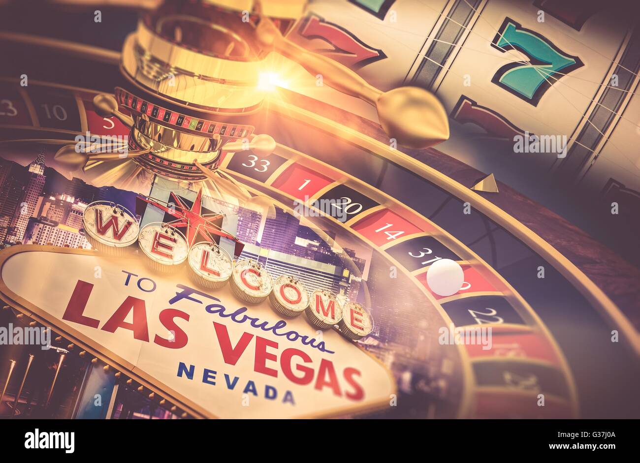 Las Vegas Gambling Concept. Roulette, Slot Machine and Las Vegas