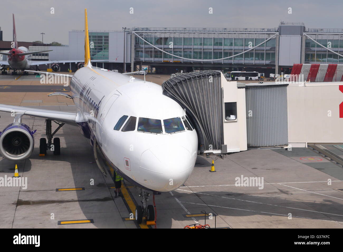 Monarch Airbus A321-231 G-ZBAK at the gate at Funchal Airport, Madeira, Portugal Stock Photo
