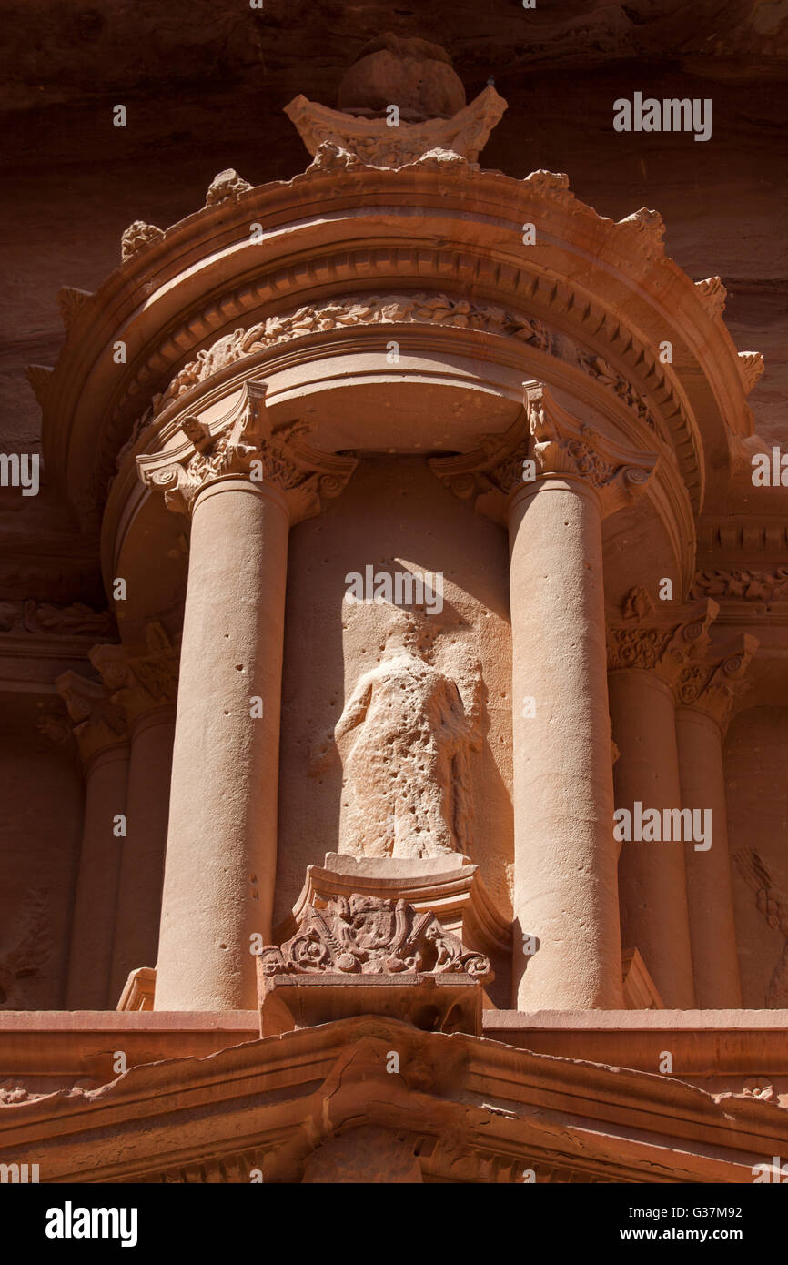 Detail of the ''Treasury'' facade (Al Khazneh), a Nabatean masterpiece inside the archaeological site of Petra, Jordan, Middle East. Stock Photo