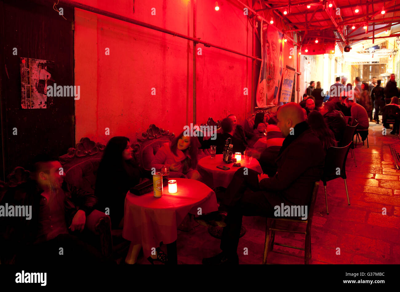 Retro decor and red lighting evoke the history of debauchery in Strait Street which used to be Malta's red light district. Stock Photo