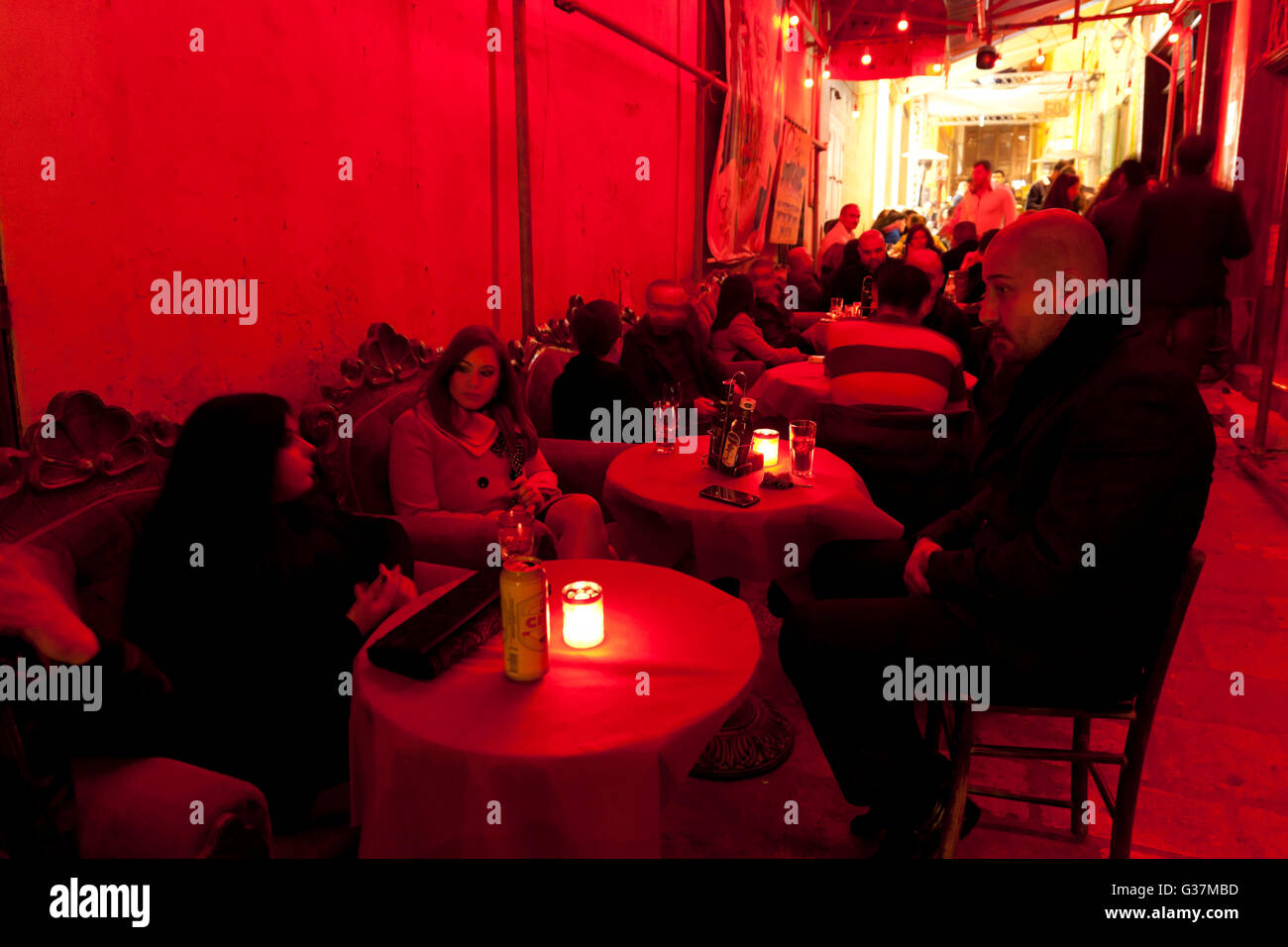 Retro decor and red lighting evoke the history of debauchery in Strait Street which used to be Malta's red light district. Stock Photo