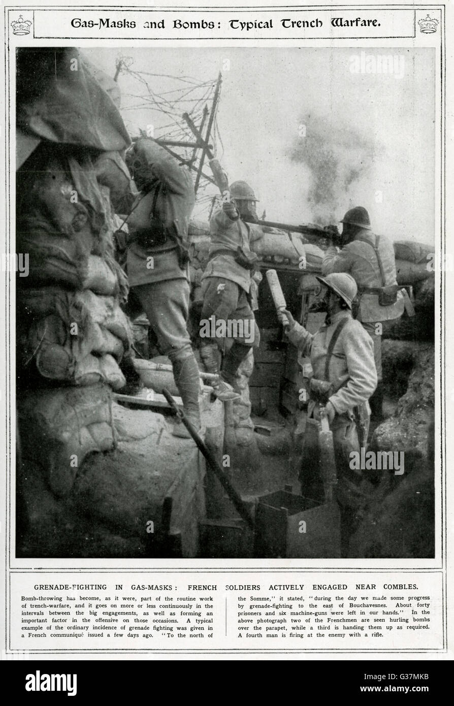 French soldiers using gas masks, WW1 Stock Photo